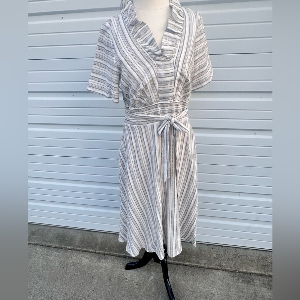 White and Tan Wrap Midi Dress with Cowl Neck and Flutter Sleeves size 10